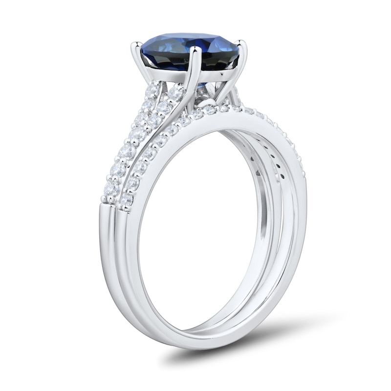 Main Image 3 of Oval Blue Lab-Created Sapphire and 0.34 CT. T.W. Certified Lab-Grown Diamond Bridal Set in 10K White Gold (F/SI2)