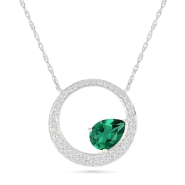 Pear-Shaped Lab-Created Emerald and White Lab-Created Sapphire Circle Necklace in Sterling Silver
