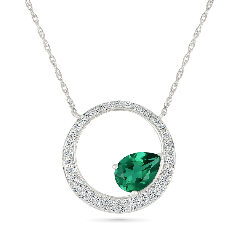 Pear-Shaped Lab-Created Emerald and White Lab-Created Sapphire Circle Necklace in Sterling Silver