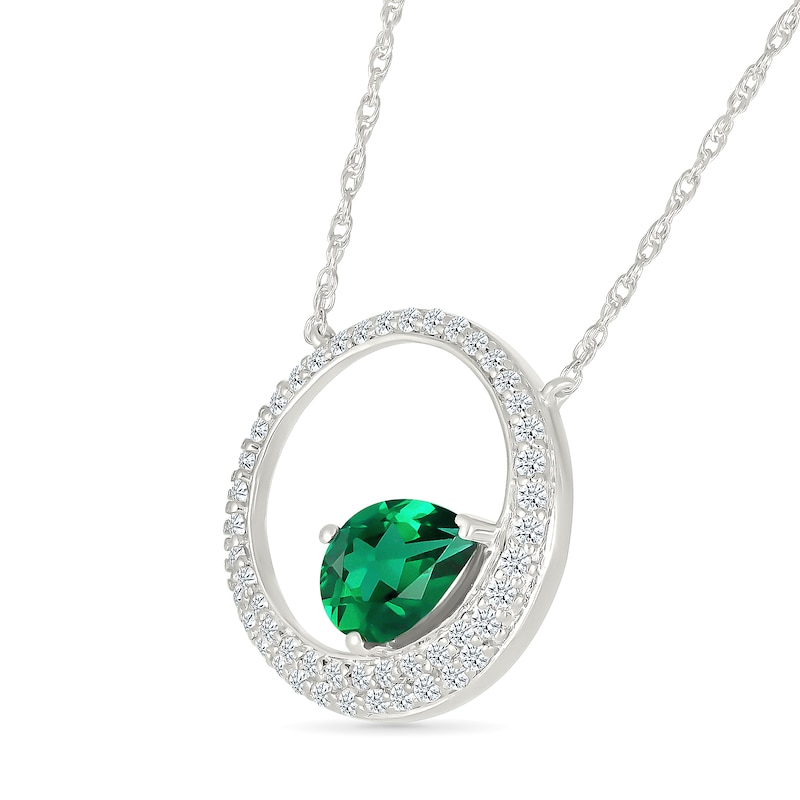Main Image 2 of Pear-Shaped Lab-Created Emerald and White Lab-Created Sapphire Circle Necklace in Sterling Silver