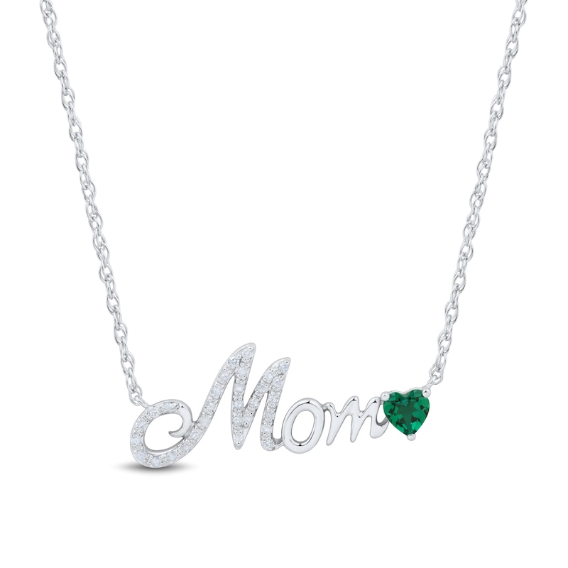 Main Image 1 of 4.0mm Heart-Shaped Lab-Created Emerald and 0.085 CT. T.W. Diamond “Mom” Necklace in Sterling Silver