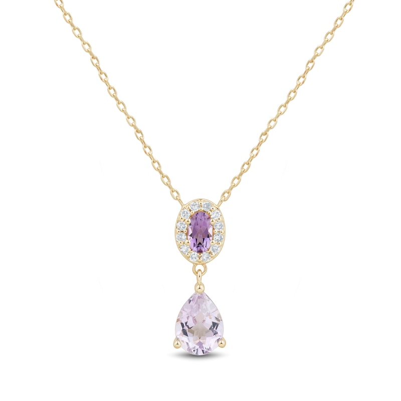 Main Image 1 of Oval and Pear-Shaped Amethyst with 0.085 CT. T.W. Diamond Drop Necklace in 10K Gold - 17”