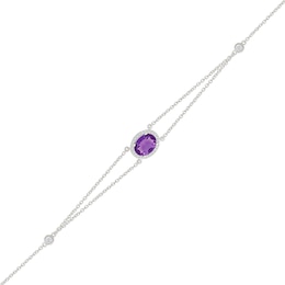 Oval Amethyst and 0.115 CT. T.W. Diamond Frame Double Strand Bracelet in Sterling Silver - 7.5”