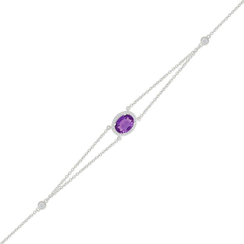Oval Amethyst and 0.115 CT. T.W. Diamond Frame Double Strand Bracelet in Sterling Silver - 7.5”