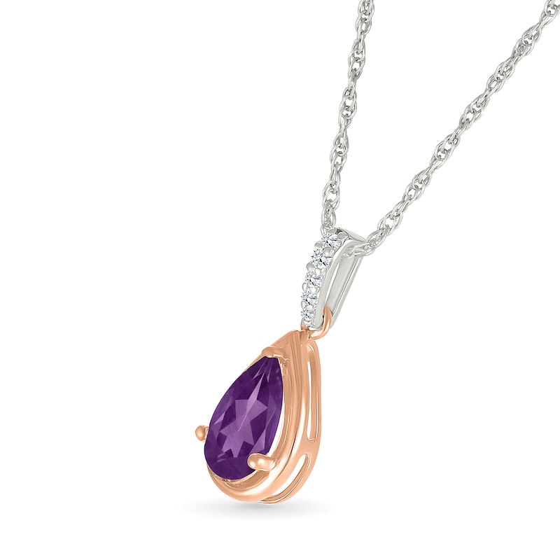 Main Image 2 of Pear-Shaped Amethyst and White Lab-Created Sapphire Pendant in Sterling Silver and 10K Rose Gold