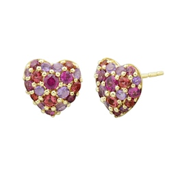 Rhodolite Garnet, Tourmaline and Amethyst Cluster Heart Stud Earrings in 10K Gold