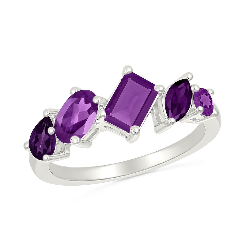 Multi-Shaped Amethyst Five Stone Ring in Sterling Silver