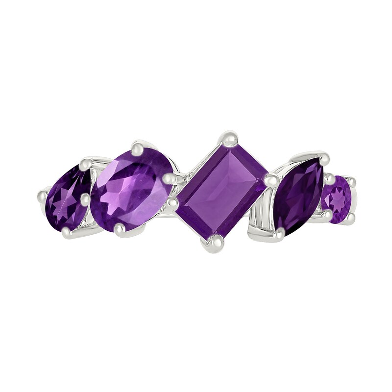 Multi-Shaped Amethyst Five Stone Ring in Sterling Silver