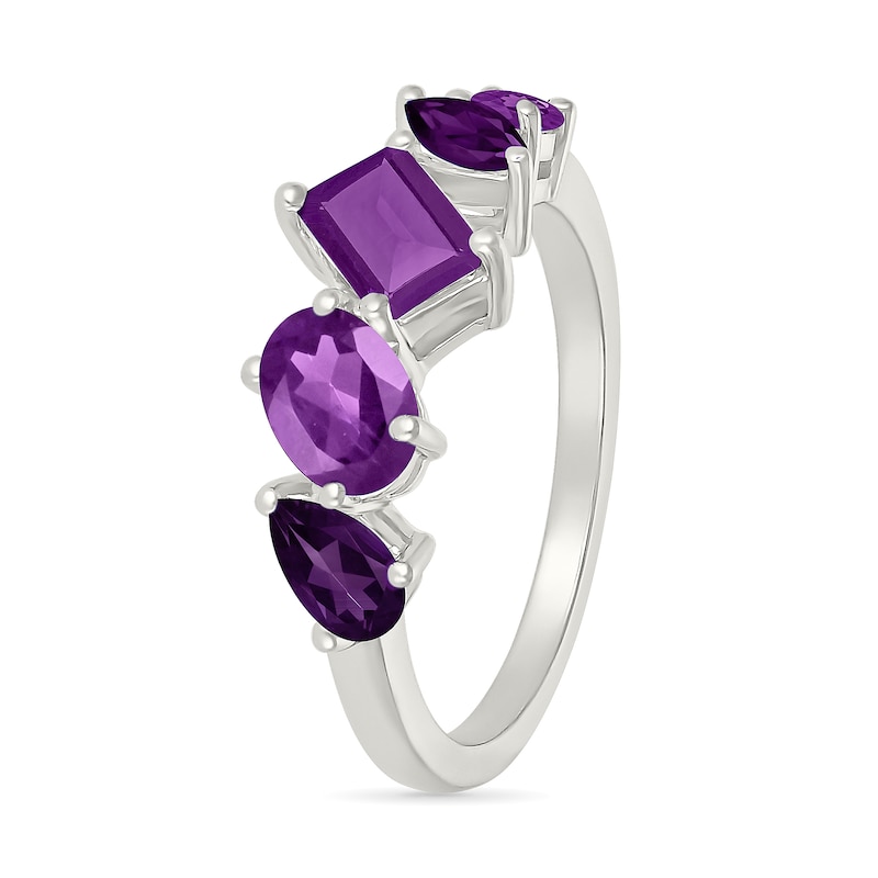 Multi-Shaped Amethyst Five Stone Ring in Sterling Silver