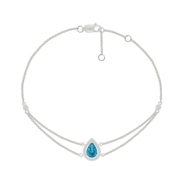 Pear-Shaped Swiss Blue Topaz and 0.115 CT. T.W. Diamond Frame Double Strand Bracelet in Sterling Silver - 7.5”