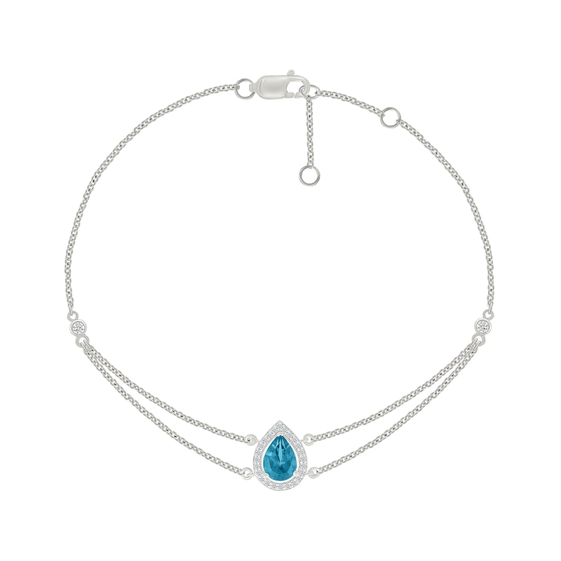 Main Image 1 of Pear-Shaped Swiss Blue Topaz and 0.115 CT. T.W. Diamond Frame Double Strand Bracelet in Sterling Silver - 7.5”
