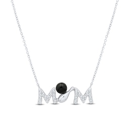 4.0mm Onyx and White Lab-Created Sapphire “MOM” Bowling Necklace in Sterling Silver - 17”