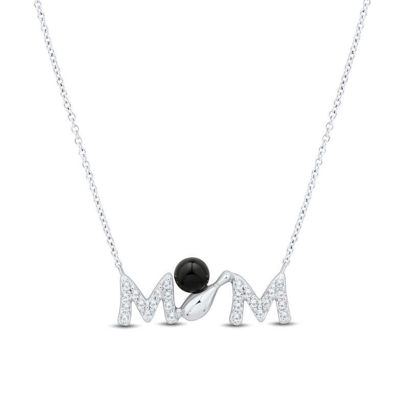 Main Image 1 of 4.0mm Onyx and White Lab-Created Sapphire “MOM” Bowling Necklace in Sterling Silver - 17”
