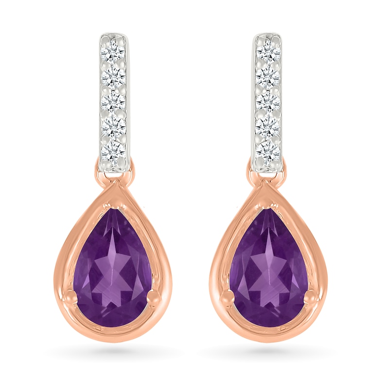 Pear-Shaped Amethyst and White Lab-Created Sapphire Drop Earrings in Sterling Silver and 10K Rose Gold
