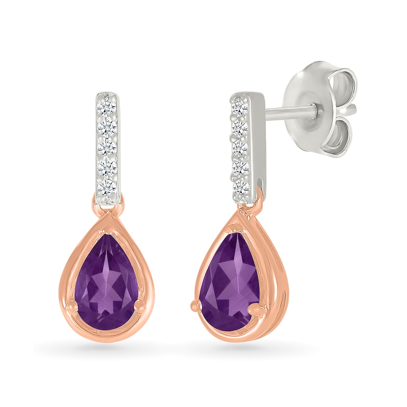 Main Image 2 of Pear-Shaped Amethyst and White Lab-Created Sapphire Drop Earrings in Sterling Silver and 10K Rose Gold