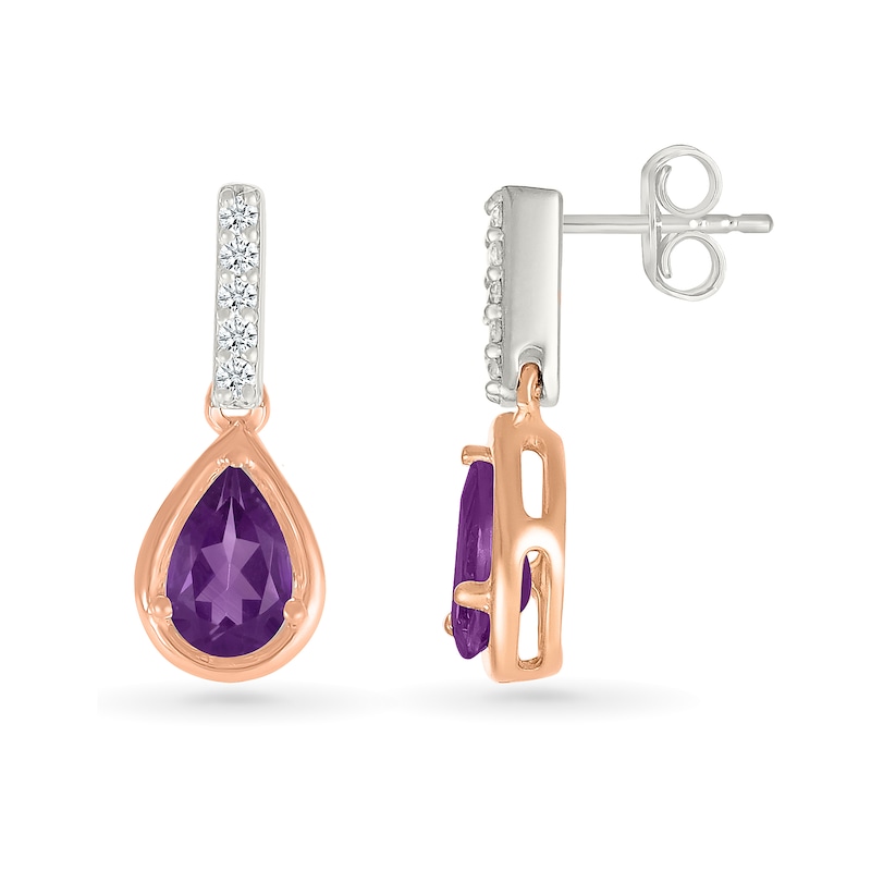 Main Image 3 of Pear-Shaped Amethyst and White Lab-Created Sapphire Drop Earrings in Sterling Silver and 10K Rose Gold