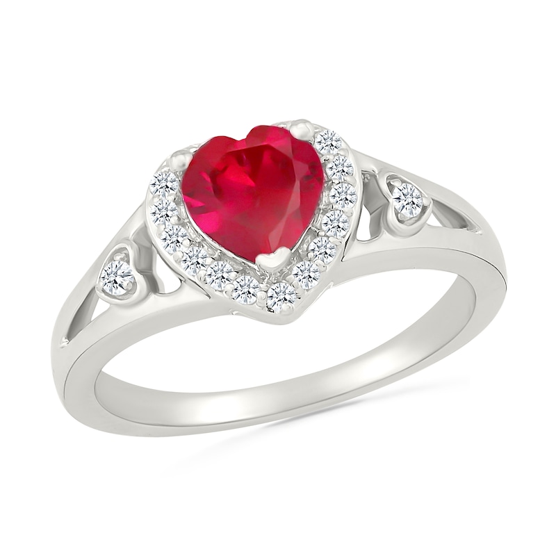 6.0mm Heart-Shaped Lab-Created Ruby and White Lab-Created Sapphire Frame Split Shank Ring in Sterling Silver