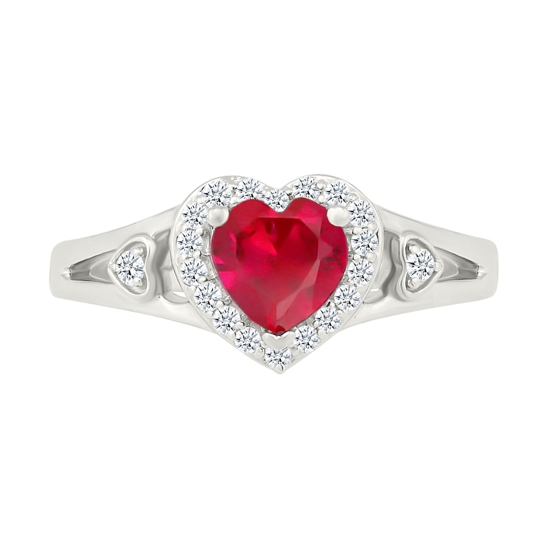 6.0mm Heart-Shaped Lab-Created Ruby and White Lab-Created Sapphire Frame Split Shank Ring in Sterling Silver