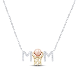 White Lab-Created Sapphire “MOM” Basketball Necklace in Sterling Silver and 10K Two-Tone Gold - 17”
