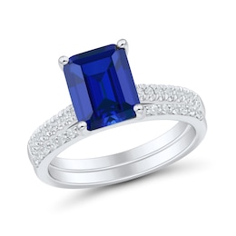 Emerald-Cut Blue Lab-Created Sapphire and 0.23 CT. T.W. Certified Lab-Grown Diamond Bridal Set in 10K White Gold