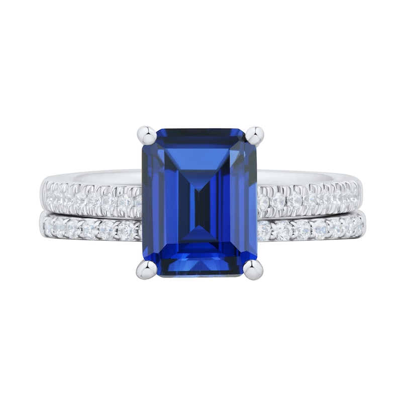 Main Image 2 of Emerald-Cut Blue Lab-Created Sapphire and 0.23 CT. T.W. Certified Lab-Grown Diamond Bridal Set in 10K White Gold