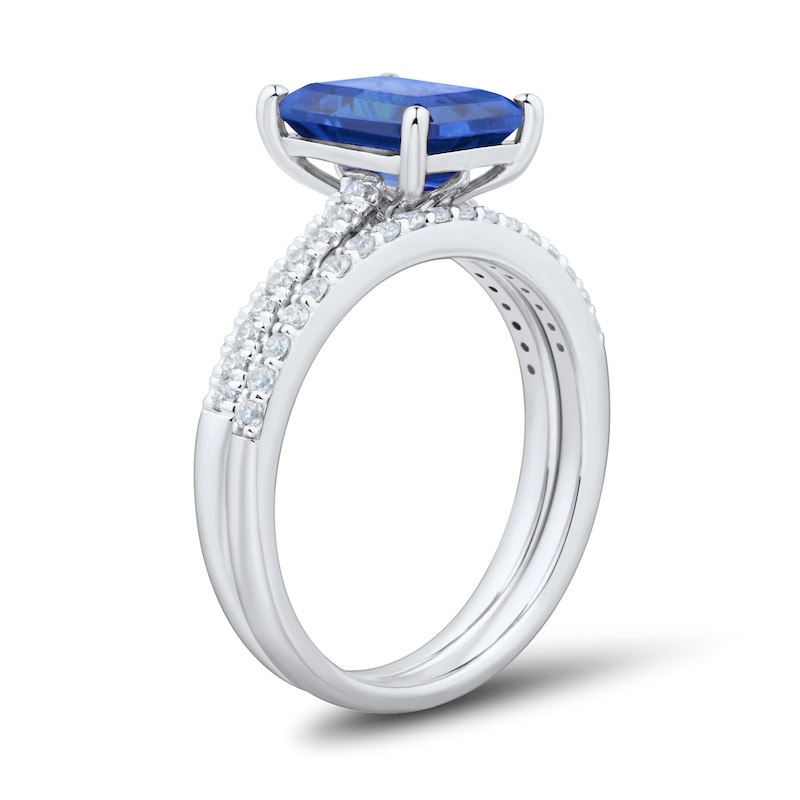 Main Image 3 of Emerald-Cut Blue Lab-Created Sapphire and 0.23 CT. T.W. Certified Lab-Grown Diamond Bridal Set in 10K White Gold