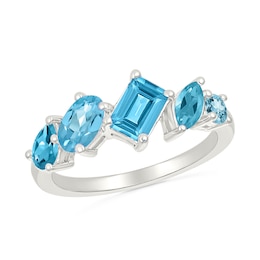 Multi-Shaped Swiss Blue Topaz Five Stone Ring in Sterling Silver