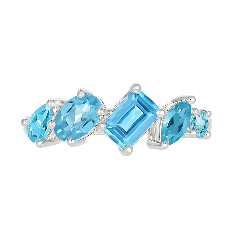 Multi-Shaped Swiss Blue Topaz Five Stone Ring in Sterling Silver