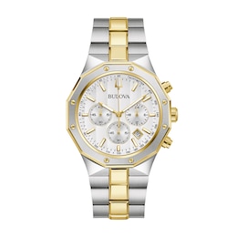 Men's Bulova Classic Prestige Two-Tone IP Chronograph Watch with Octagonal White Dial (Model: 98B450)