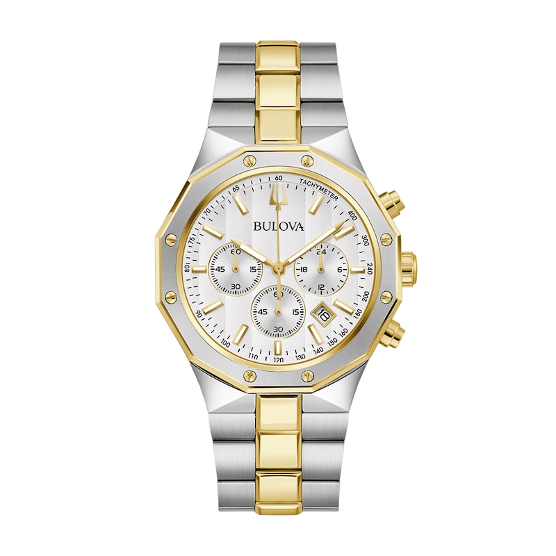 Men's Bulova Classic Prestige Two-Tone IP Chronograph Watch with Octagonal White Dial (Model: 98B450)