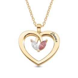 Birthstone and 0.14 CT. Marquise-Cut Certified Lab-Grown Diamond Engravable Heart Pendant (1 Stone and Line)
