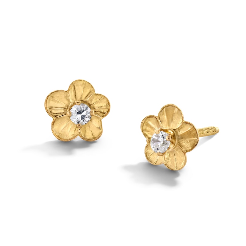 Child’s Cubic Zirconia Flower Stud Earrings in Solid 14K Gold