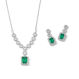 Emerald-Cut Lab-Created Emerald and White Lab-Created Sapphire “Y” Necklace and Drop Earrings Set in Sterling Silver