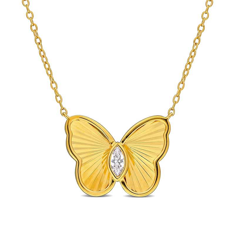 Marquise-Cut White Lab-Created Sapphire Butterfly Necklace in Sterling Silver with 18K Gold Plate - 17"