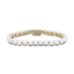 5.5-6.0mm Button Freshwater Cultured Pearl and 0.45 CT. T.W. Diamond Tennis Bracelet in 10K Gold - 7.25"