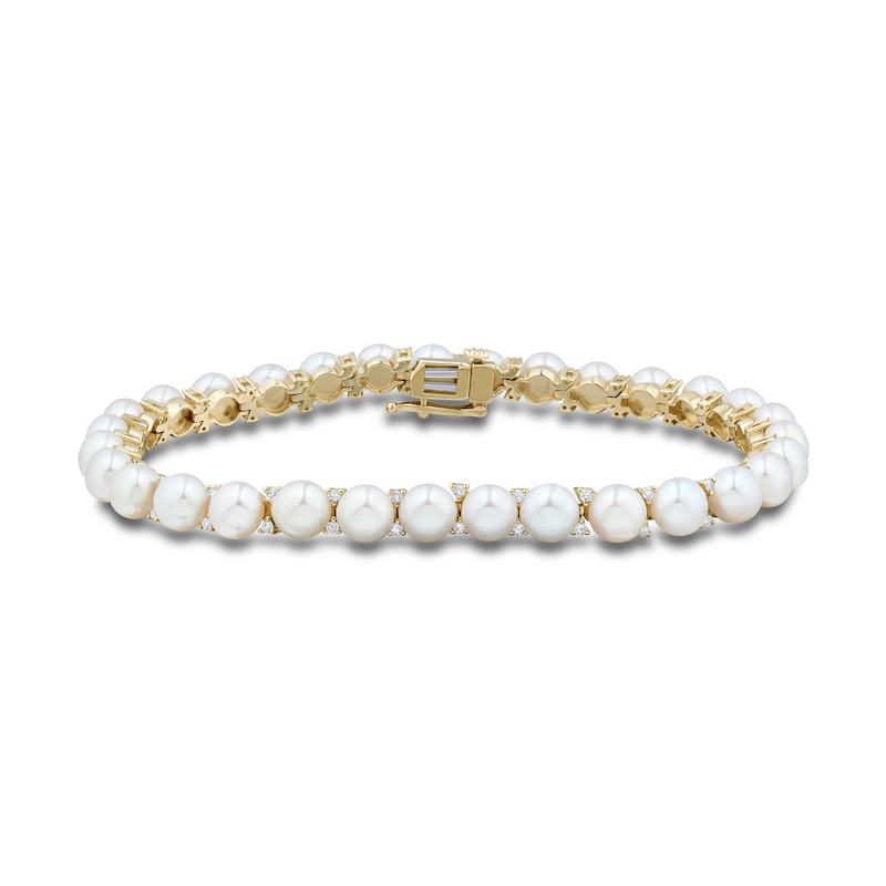 Main Image 1 of 5.5-6.0mm Button Freshwater Cultured Pearl and 0.45 CT. T.W. Diamond Tennis Bracelet in 10K Gold - 7.25"