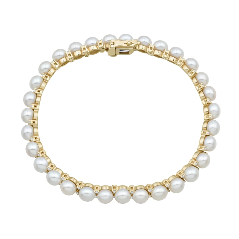 Main Image 2 of 5.5-6.0mm Button Freshwater Cultured Pearl and 0.45 CT. T.W. Diamond Tennis Bracelet in 10K Gold - 7.25"