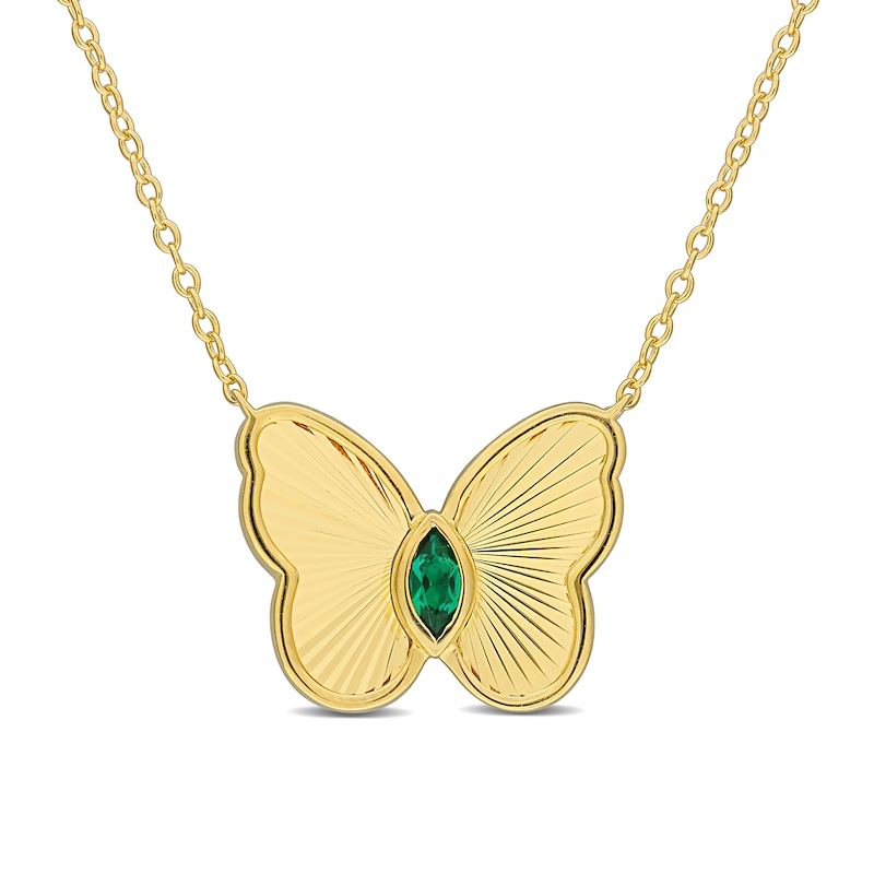 Marquise-Cut Lab-Created Emerald Butterfly Necklace in Sterling Silver with 18K Gold Plate - 17"