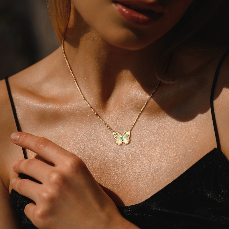 Marquise-Cut Lab-Created Emerald Butterfly Necklace in Sterling Silver with 18K Gold Plate - 17"