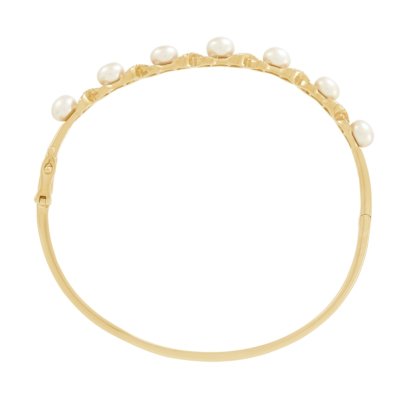 Main Image 2 of 5.5-6.0mm Button Freshwater Cultured Pearl and 0.23 CT. T.W. Diamond “XO” Bangle in 10K Gold