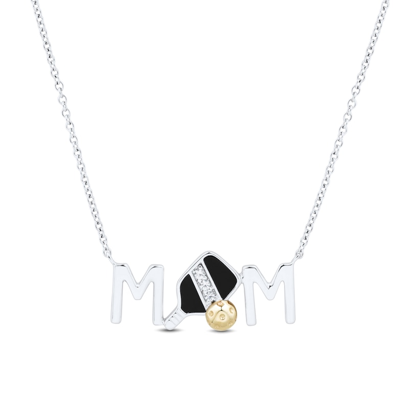 Main Image 1 of Onyx and White Lab-Created Sapphire “MOM” Pickleball Necklace in Sterling Silver and 10K Gold - 17”