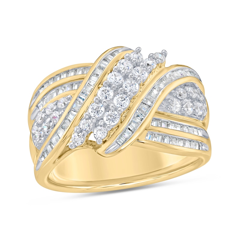 0.95 CT. T.W. Baguette and Round Diamond Bypass Crossover Ring in Sterling Silver with 14K Gold Plate