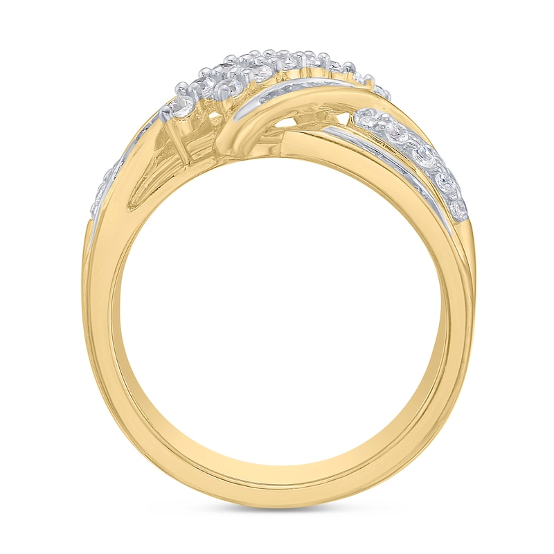 0.95 CT. T.W. Baguette and Round Diamond Bypass Crossover Ring in Sterling Silver with 14K Gold Plate