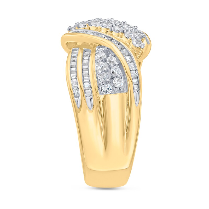 0.95 CT. T.W. Baguette and Round Diamond Bypass Crossover Ring in Sterling Silver with 14K Gold Plate