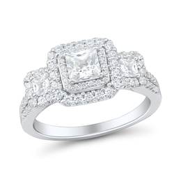 1.45 CT. T.W. Princess-Cut Diamond Double Cushion Frame Three Stone Engagement Ring in 14K White Gold