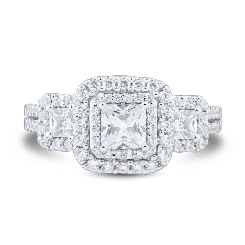 Main Image 3 of 1.45 CT. T.W. Princess-Cut Diamond Double Cushion Frame Three Stone Engagement Ring in 14K White Gold