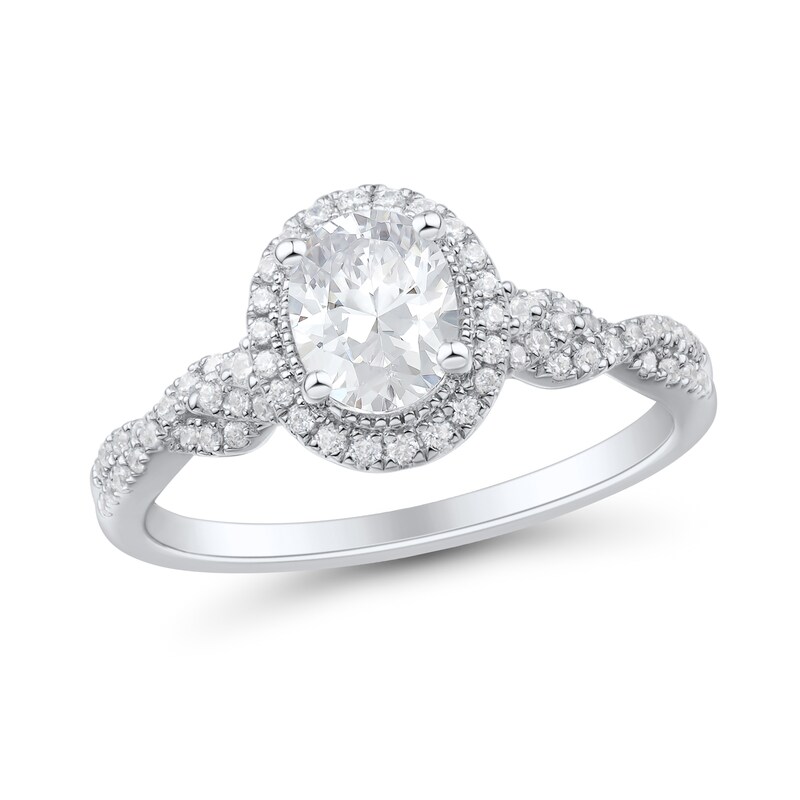 0.95 CT. T.W. Oval Diamond Frame Braided Shank Engagement Ring in 14K White Gold