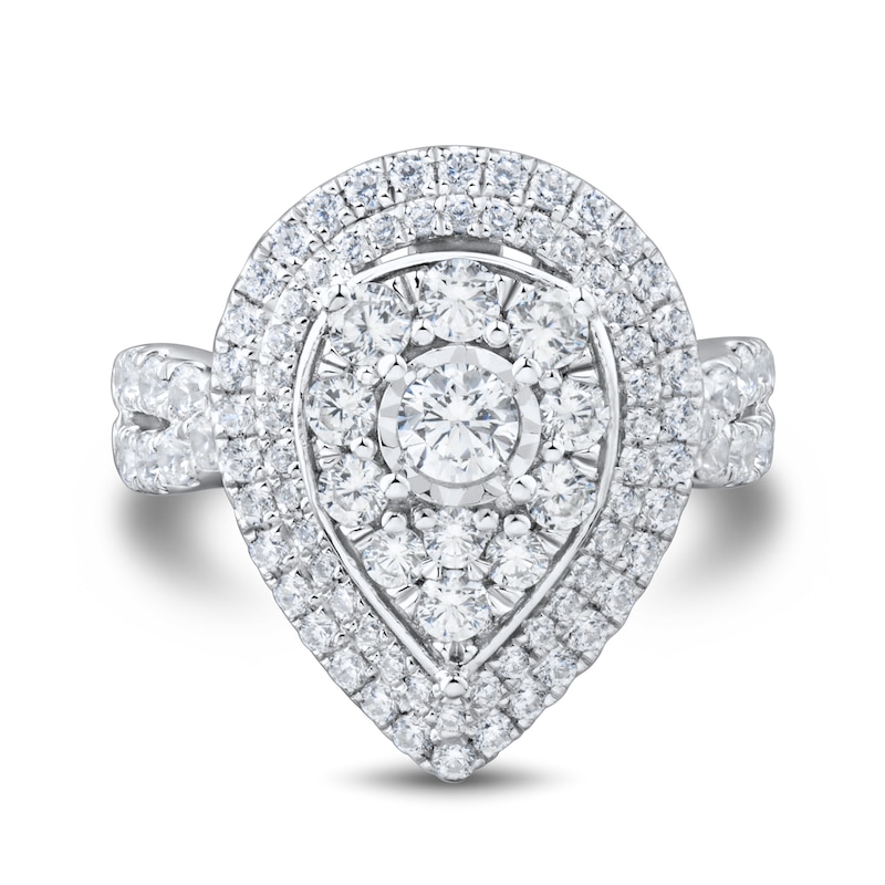 Main Image 3 of 1.95 CT. T.W. Pear-Shaped Multi-Diamond Double Frame Crossover Shank Engagement Ring in 14K White Gold