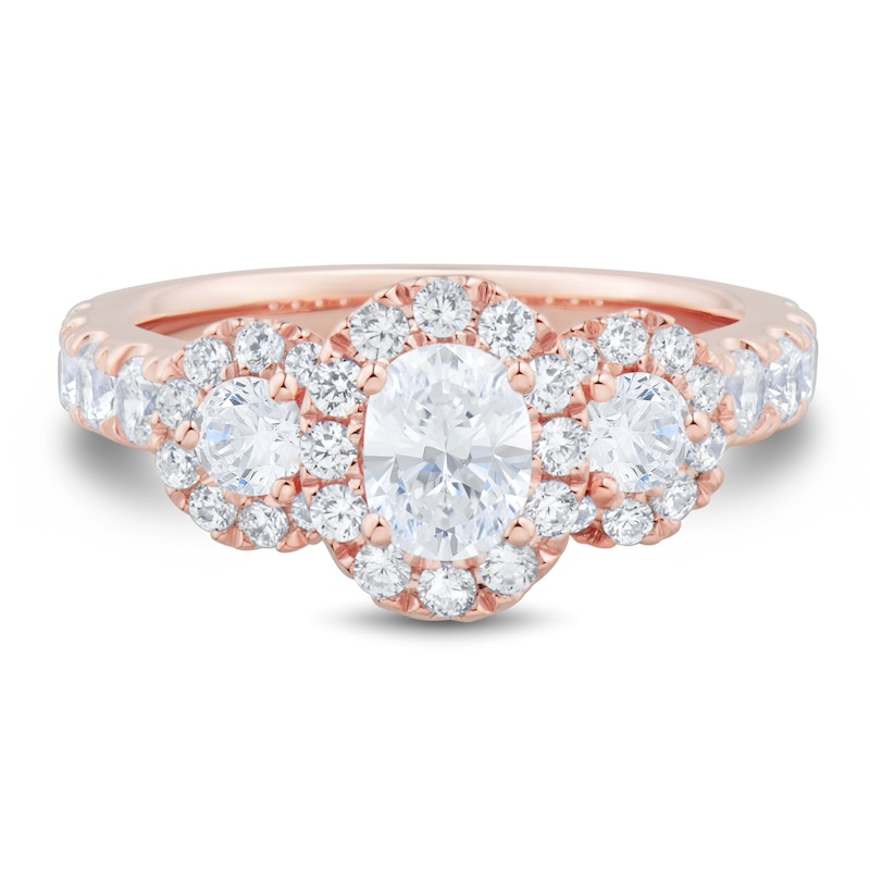 Main Image 3 of 1.95 CT. T.W. Oval and Round Diamond Frame Three Stone Engagement Ring in 14K Rose Gold
