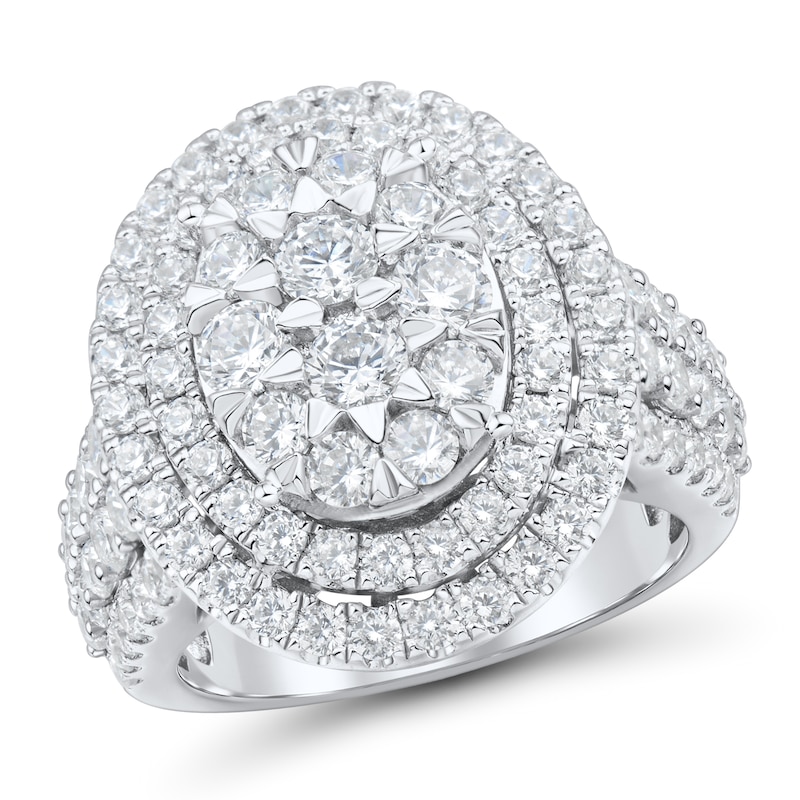 2.95 CT. T.W. Oval-Shaped Multi-Diamond Double Frame Triple Row Shank Engagement Ring in 14K White Gold